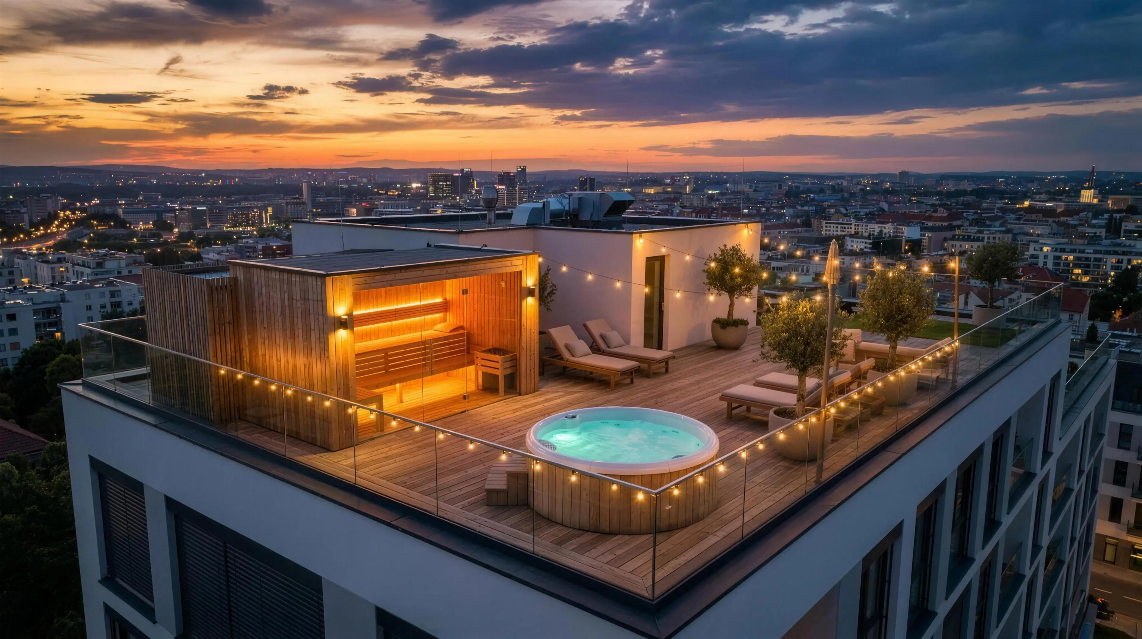 Drohnen-Totale: Penthouse-Dachterrasse mit Sauna-Hütte und Jacuzzi im Sonnenuntergang