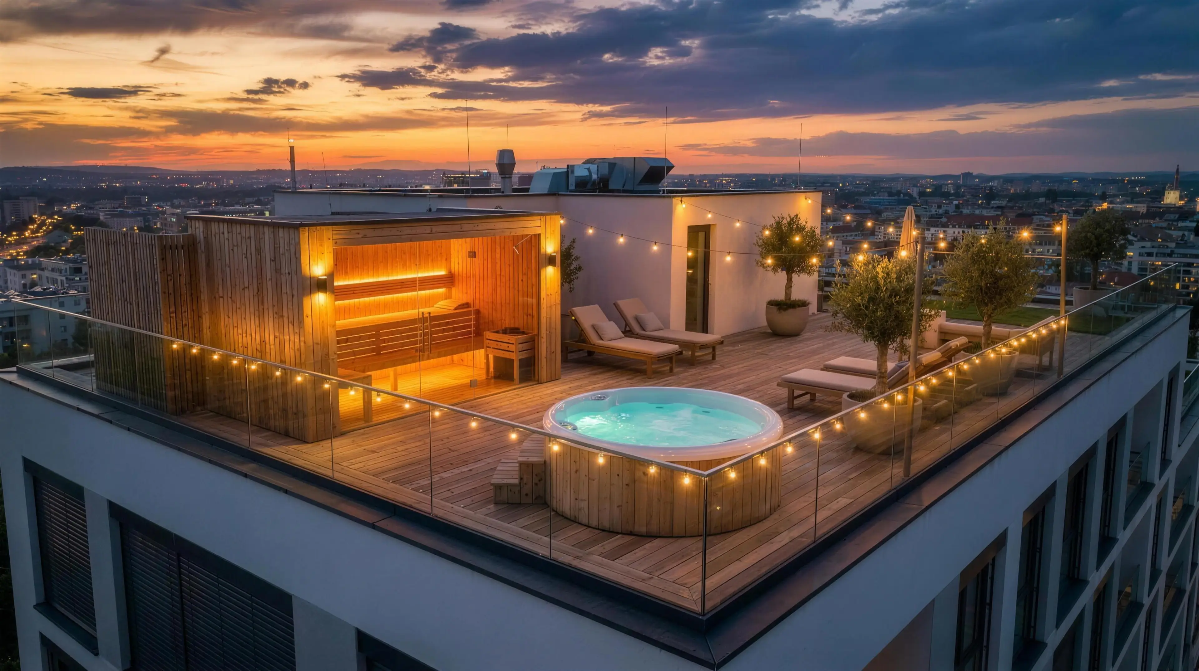 Anflug auf die Dachterrasse: Sauna-Hütte mit leuchtender Glasfront