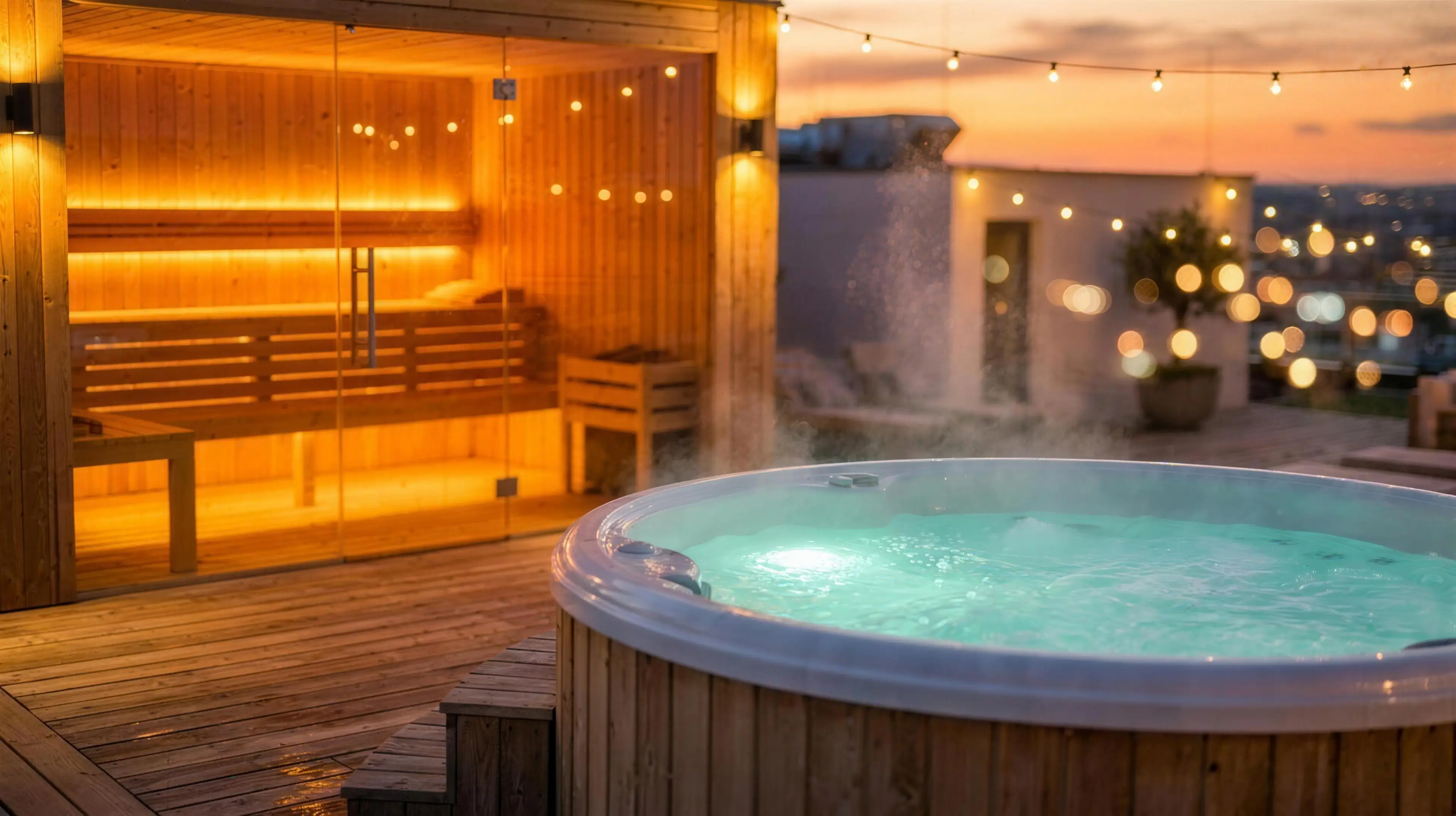 Jacuzzi mit dampfendem Wasser vor der Glasfront der Sauna