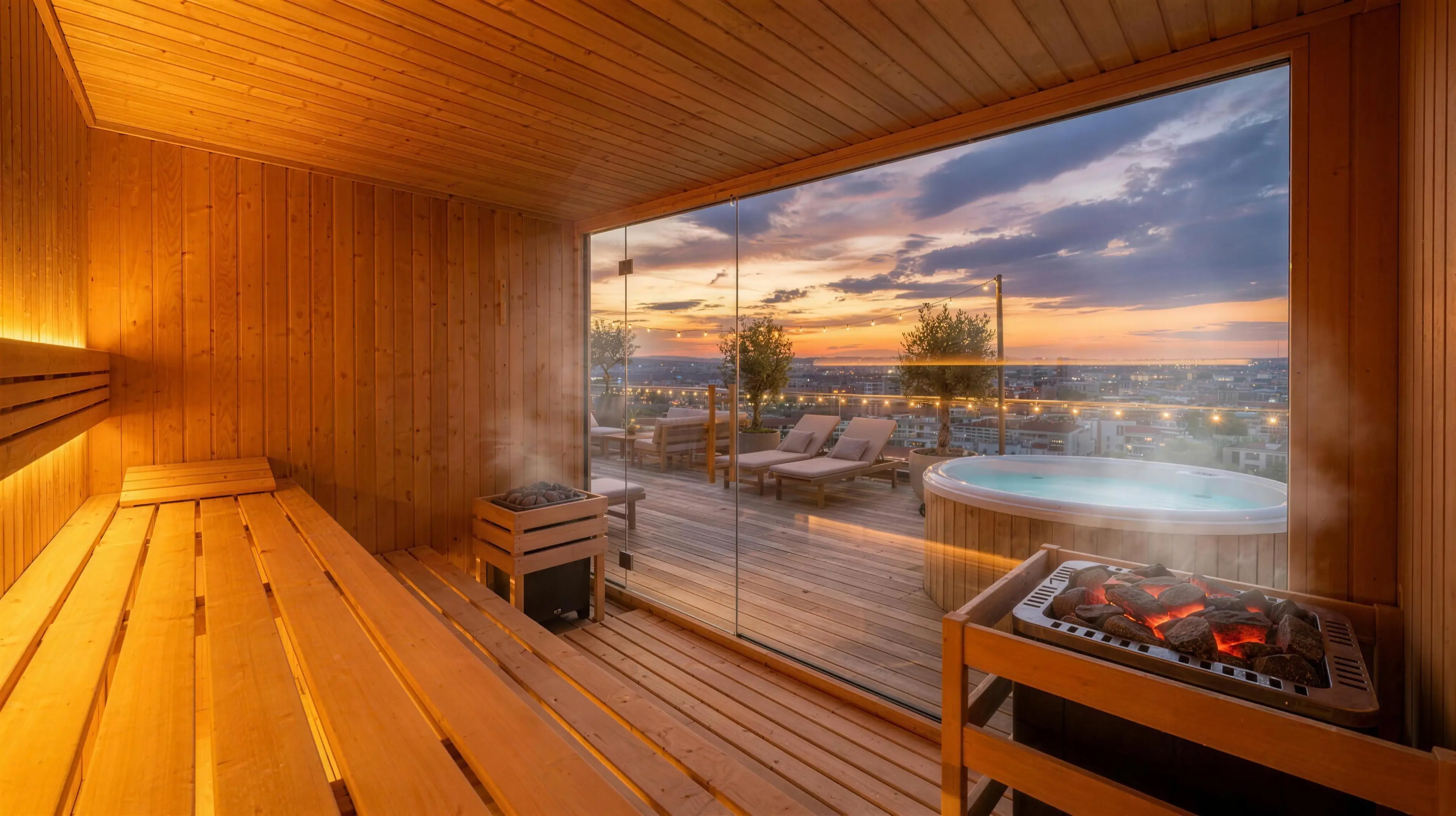Sauna-Innenraum mit glühendem Ofen und Panoramablick über die Stadt
