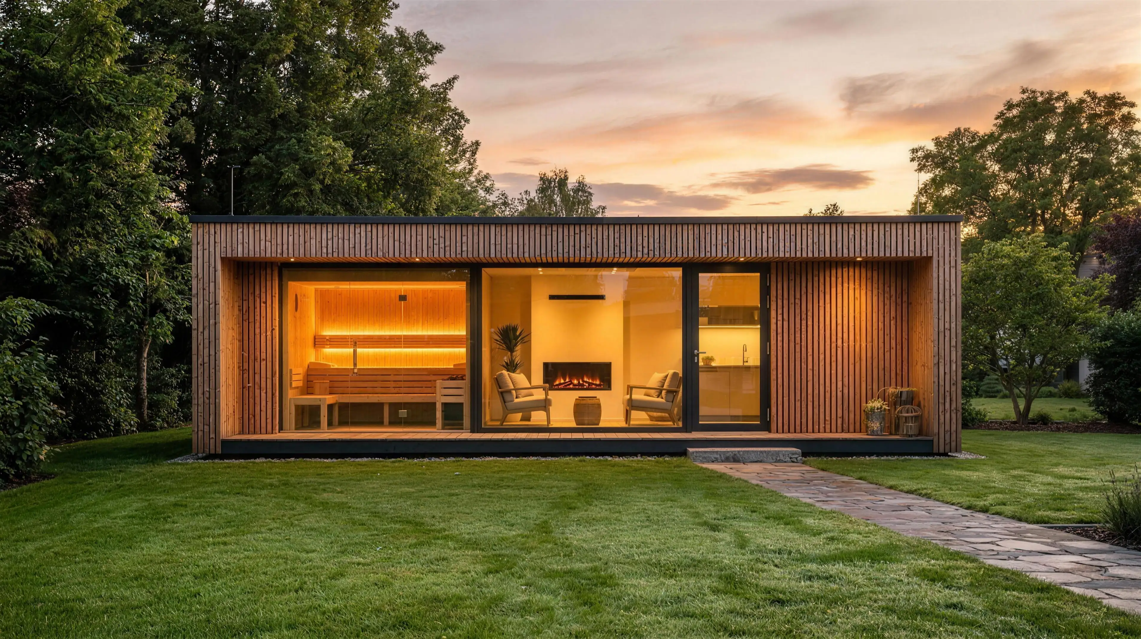 Spahouse mit leuchtender Glasfront im abendlichen Garten